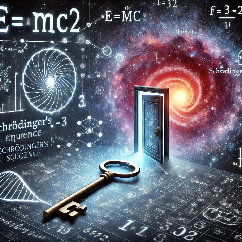 An artistic illustration of mathematical concepts unlocking the secrets of the universe. A futuristic background with glowing equations like E=mc², Fibonacci sequence, and Schrödinger’s equation floating in space. A key made of numbers unlocking a cosmic door, revealing galaxies and abstract geometric patterns.