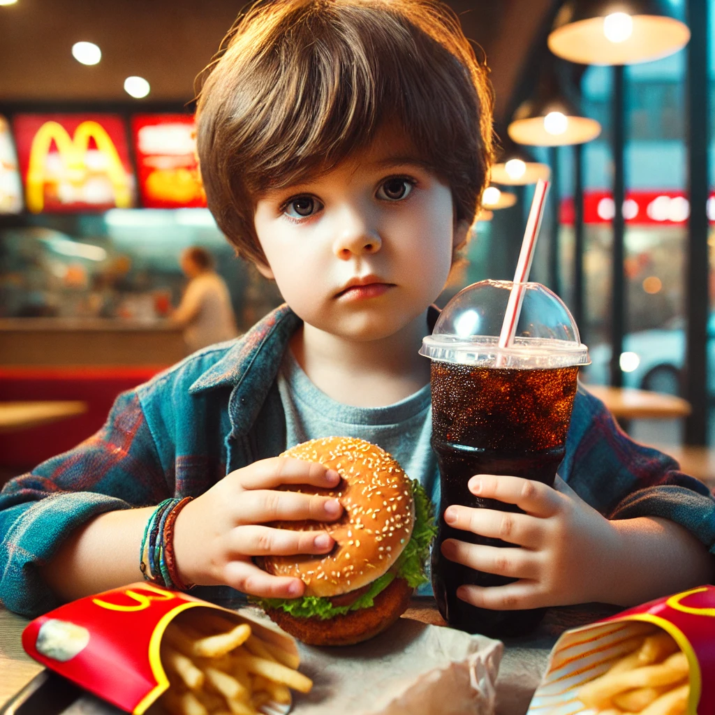 A young child eating fast food, holding a burger in one hand and a soda in the other. The child looks tired and slightly unhealthy, with junk food wrappers around. The background is a fast-food restaurant with bright lights and a colorful menu. The atmosphere emphasizes the unhealthy lifestyle associated with fast food consumption.