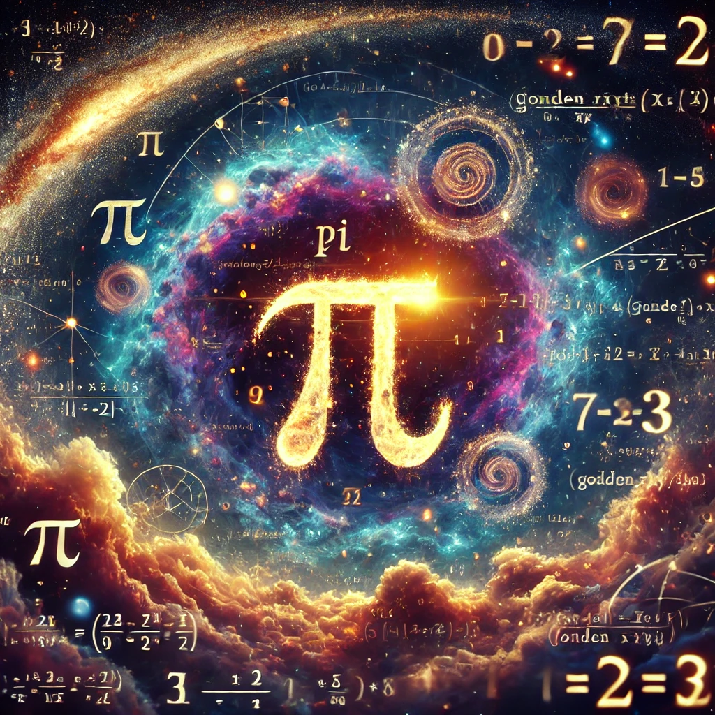 A surreal digital painting of a cosmic landscape filled with mathematical symbols and formulas. A giant Pi symbol forming the structure of a nebula, with golden ratio spirals shaping galaxies. Floating numbers and equations glowing in a deep-space environment, representing the connection between mathematics and the universe.