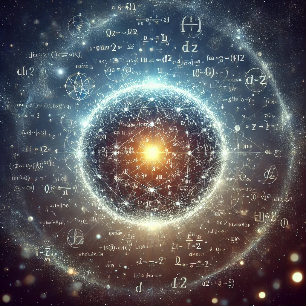 A futuristic illustration of a glowing mathematical sphere made of interconnected formulas and equations, floating in space. The sphere radiates knowledge and light, symbolizing the hidden truths of the universe being revealed through mathematics. A background of deep space with mysterious cosmic patterns and abstract geometry.