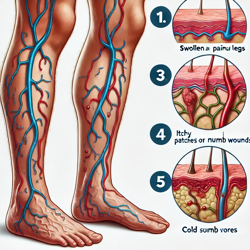 A medical illustration showing five warning signs of leg vein problems. The image should include:
1. Swollen and painful legs.
2. Visible varicose veins.
3. Itchy and red skin patches on the legs.
4. Cold or numb feet.
5. Open sores or non-healing wounds on the legs.
The illustration should be clear, realistic, and medically accurate, showing the affected areas distinctly.