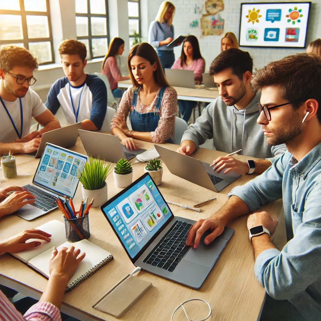 A group of teachers attending a professional development workshop on educational technology. They are learning how to use new digital tools, with laptops and interactive whiteboards displaying educational software.