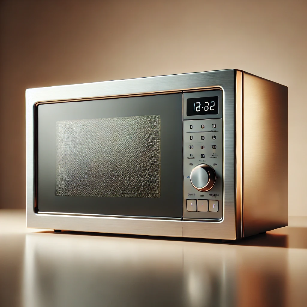 A realistic depiction of a modern microwave oven, featuring a sleek stainless steel design with a digital control panel on the right side, a clear glass door, and a minimalistic aesthetic, placed on a clean kitchen countertop. The scene should have warm lighting with subtle reflections on the microwave's surface.