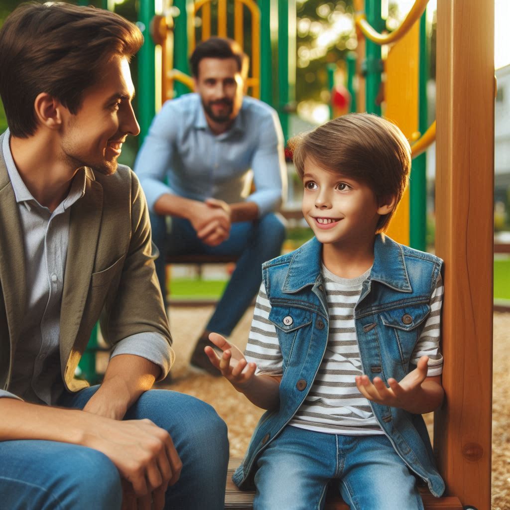 ota onasi bilan suhbatlashib bolalar maydonchassidao'ynayotgan 7 yoki 8 yoshli bola