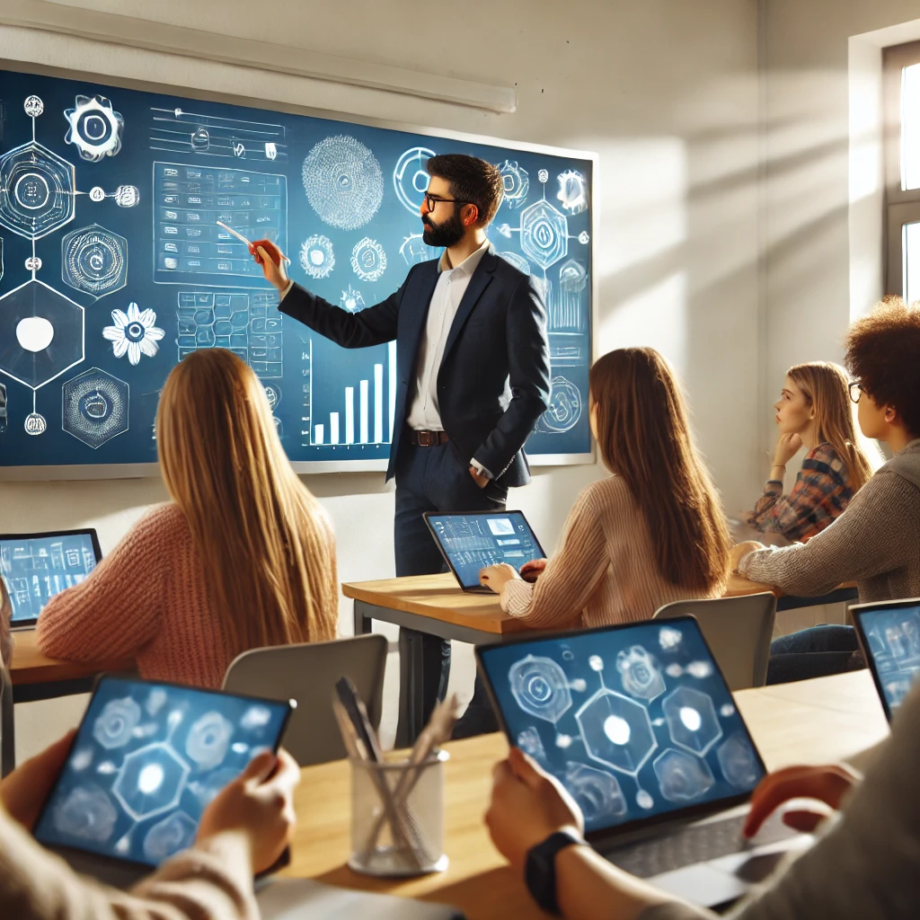 A modern teacher using a smartboard in a classroom, explaining a lesson with digital tools. The students are engaged, using tablets and laptops to follow along. The setting is a high-tech educational environment.
