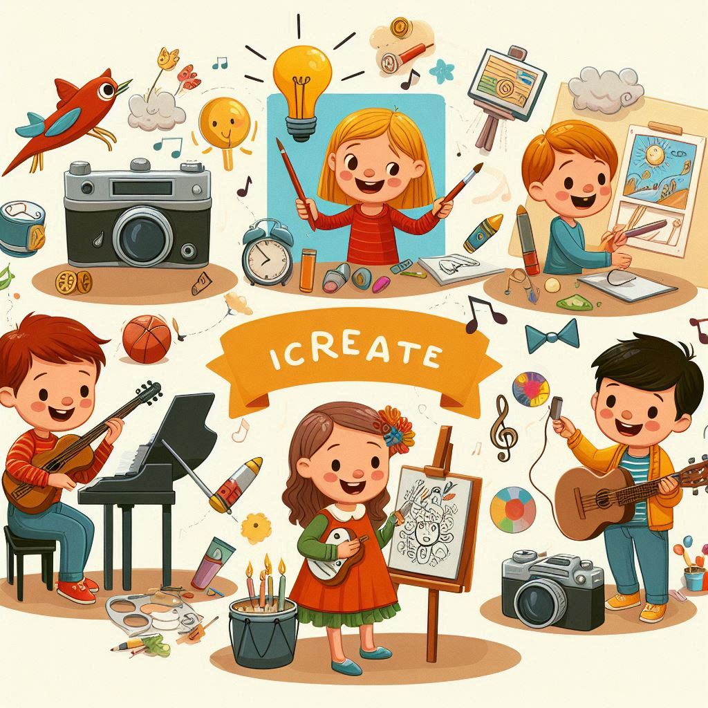 rasm chizishga, qo'shiq aytishga ixtirola qilishga qiziqqan bolalar tasvirini yarat